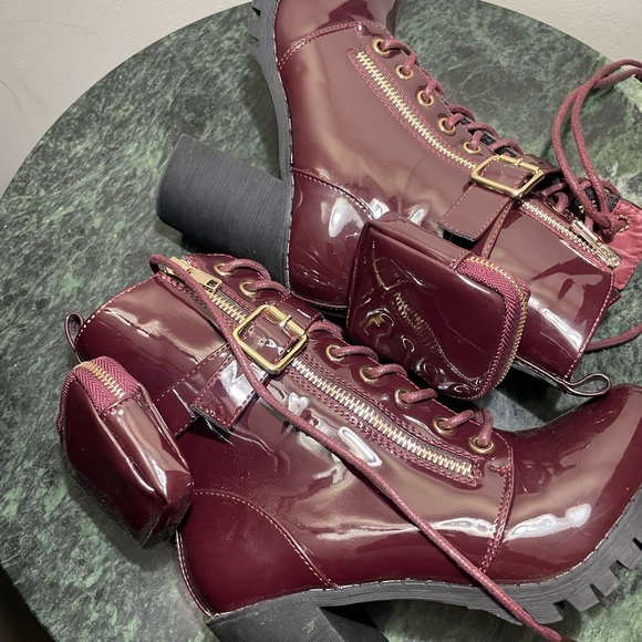 Source Unknown Glossy Maroon Combat Boots - Picture 1 of 4